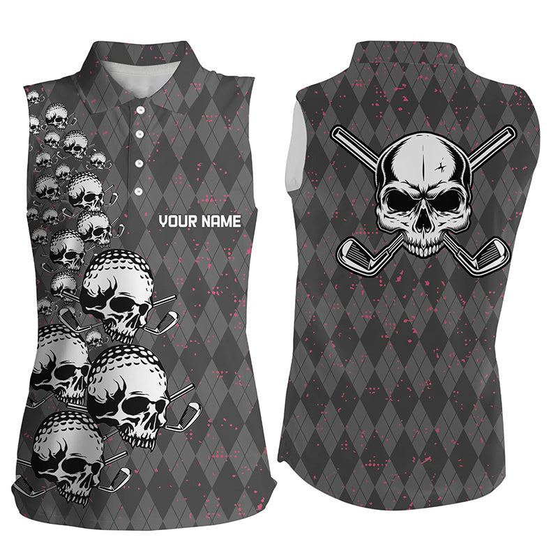 Elegant Argyle Pattern And Skull Womens Sleeveless Golf Polo Shirts Black Skull Golf Shirts For Women LDT0196