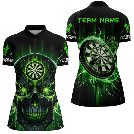 Black Green Skull Darts Quarter Zip Shirt Custom Scary Darts Shirt For Women Dart Jerseys LDT1432