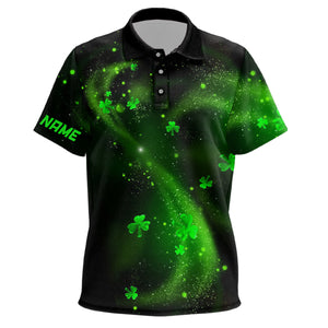 St Patrick Day Green Clovers On Black Kids Golf Polo Shirt Shamrock Custom Golf Gifts For Kid LDT1018