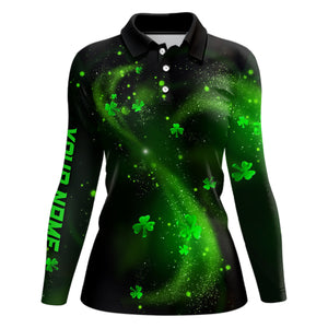 St Patrick Day Clovers On Black Womens Golf Polo Shirt Shamrock Custom Golf Gifts For Women LDT1018