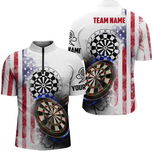 Smoky American Flag Darts Quarter Zip Shirt Custom Patriotic Men Darts Shirt Dart Jerseys LDT1038