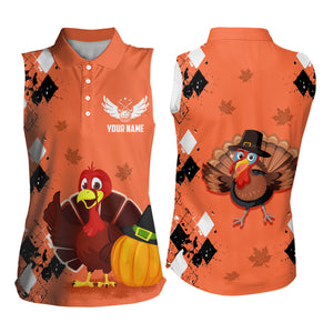 Turkey Bird Thanksgiving Golf Womens Sleeveless Polo Shirt Argyle Orange Women Golf Tops Golf Gifts LDT0839