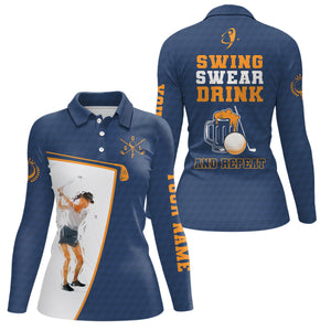 Swing Swear Drink And Repeat Navy Blue Golf Polo Shirts Custom Beer Golf Shirts For Women LDT0530