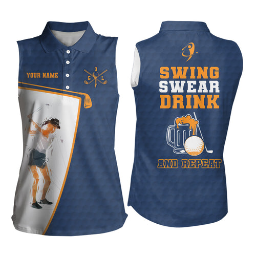 Swing Swear Drink And Repeat Navy Blue Womens Sleeveless Polo Shirt Custom Beer Golf Shirts For Women LDT0530