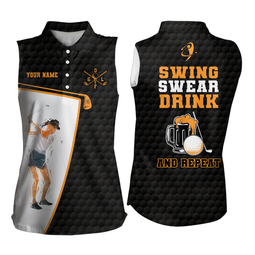 Swing Swear Drink And Repeat Black Womens Sleeveless Polo Shirt Custom Beer Golf Shirts For Women LDT1052