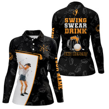 Load image into Gallery viewer, Swing Swear Drink And Repeat Black Womens Golf Polos Shirts Custom Beer Golf Shirts For Women LDT1053