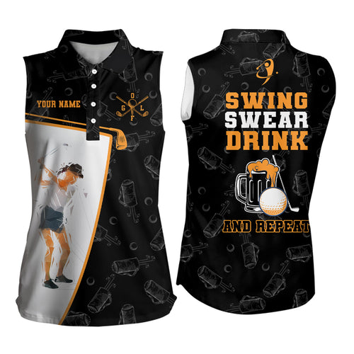 Swing Swear Drink And Repeat Black Womens Sleeveless Polos Shirts Custom Beer Golf Shirts For Women LDT1053