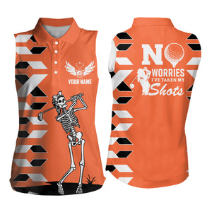 Womens Skull Sleeveless Golf Polo Shirt Personalized Orange Golf Shirt For Ladies Halloween Golf Gift LDT0242