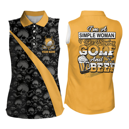 Im A Simple Woman I Like Playing Golf & Beer Skull Sleeveless Golf Polo Shirt Beer Golf Shirts For Women LDT0539