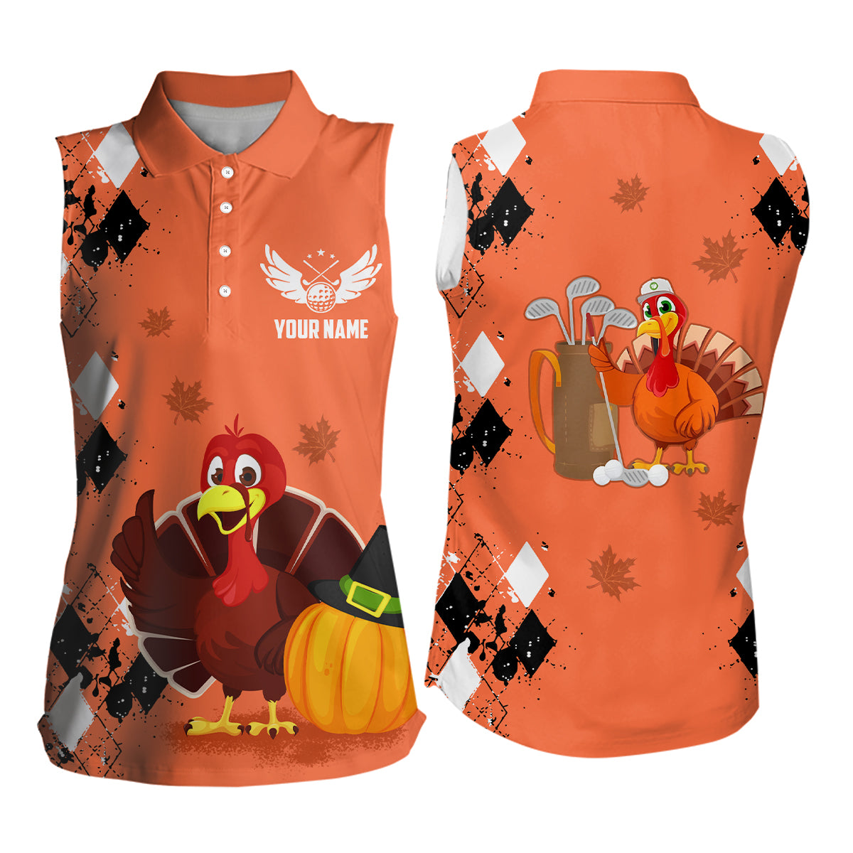 Turkey Bird Thanksgiving Womens Sleeveless Polo Shirt Argyle Orange Custom Women Golf Tops Golf Gifts LDT0871