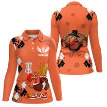 Load image into Gallery viewer, Turkey Bird Thanksgiving Disc Golf Polo Shirt Argyle Orange Custom Disc Golf Shirts For Women LDT0872