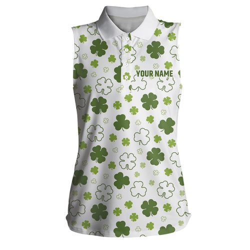 White Green Clover St Patrick Day Womens Sleeveless Polo Shirts Custom Golf Tops For Women Golf Gifts LDT1267