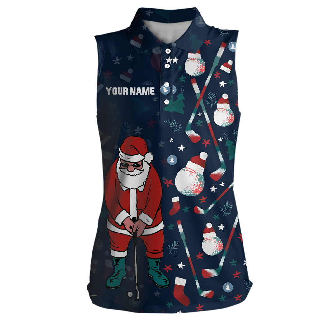 Christmas Golf Pattern Navy Womens Sleeveless Polo Shirt Santa Playing Golf Tops For Women Golf Gifts LDT0578