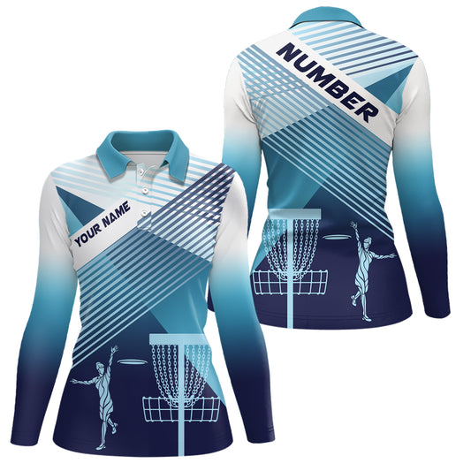 Disc Golf Silhouette White Blue Womens Polo Shirt Personalized Cool Disc Golf Tops For Women LDT0609