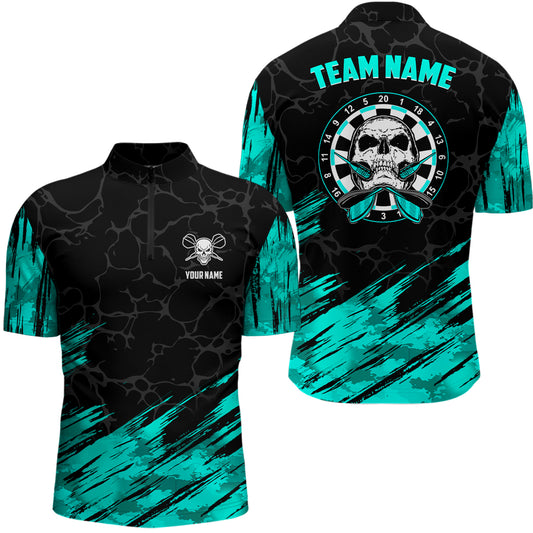 Personalized All Over Print Skull Darts Quarter-zip Shirt Turquoise Black Men Dart Jerseys LDT0903
