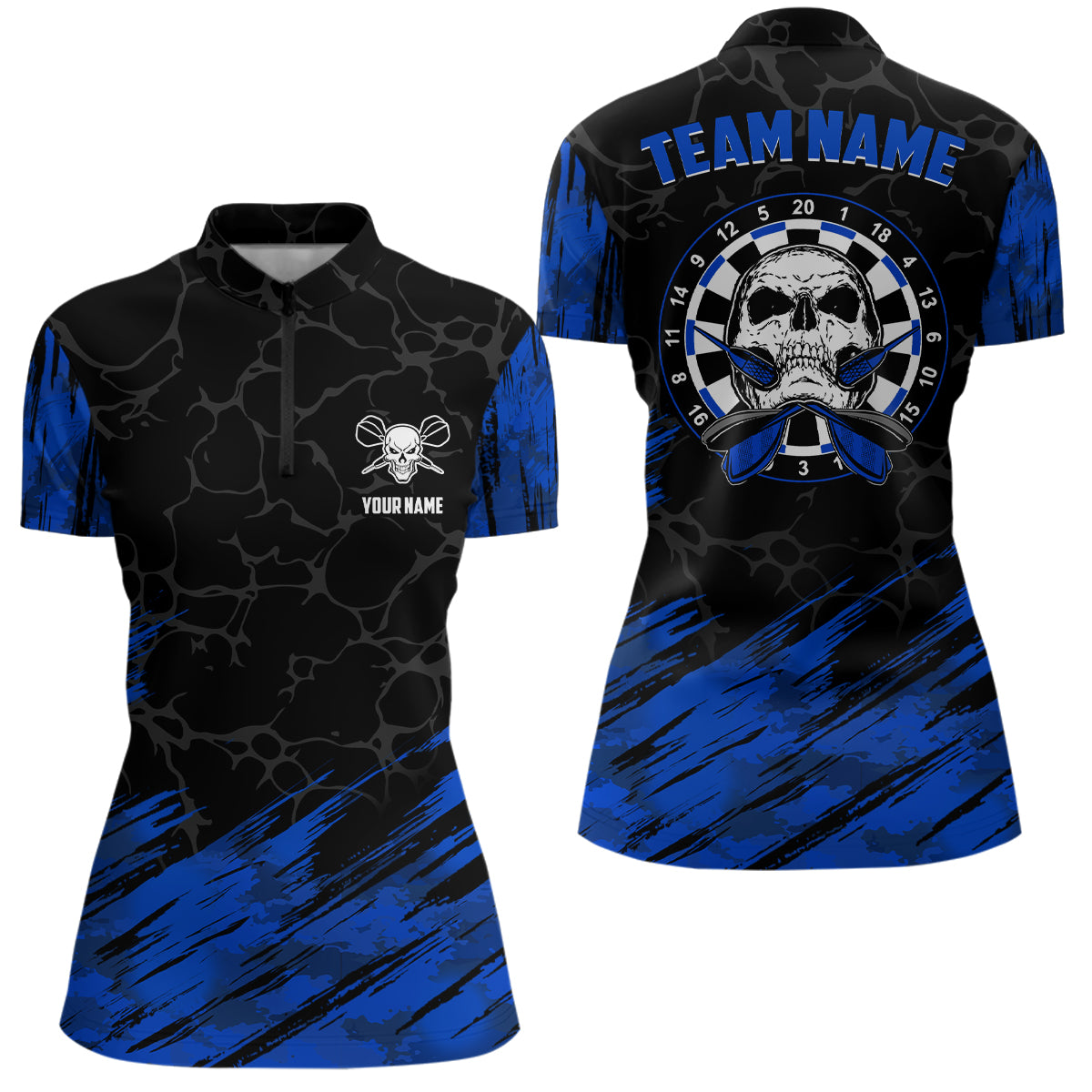 Personalized All Over Print Skull Darts Quarter Zip Shirt Navy Black Dart Jersey For Women LDT0645