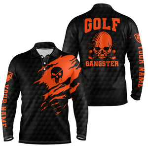 Golf Gangster Skull Mens Polo Shirt Custom Black Orange Golf Pattern Scary Golf Shirts For Men LDT0374