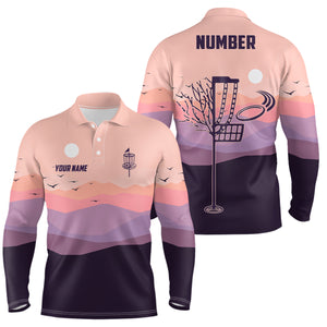 Flat Mountain Sunset Landscape Mens Disc Golf Polo Shirts Custom Disc Golf Shirt For Men LDT0691