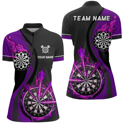 Purple Fire Flame Womens Darts Quarter Zip Shirt Custom Dart Shirts For Women Dart Jerseys LDT1477
