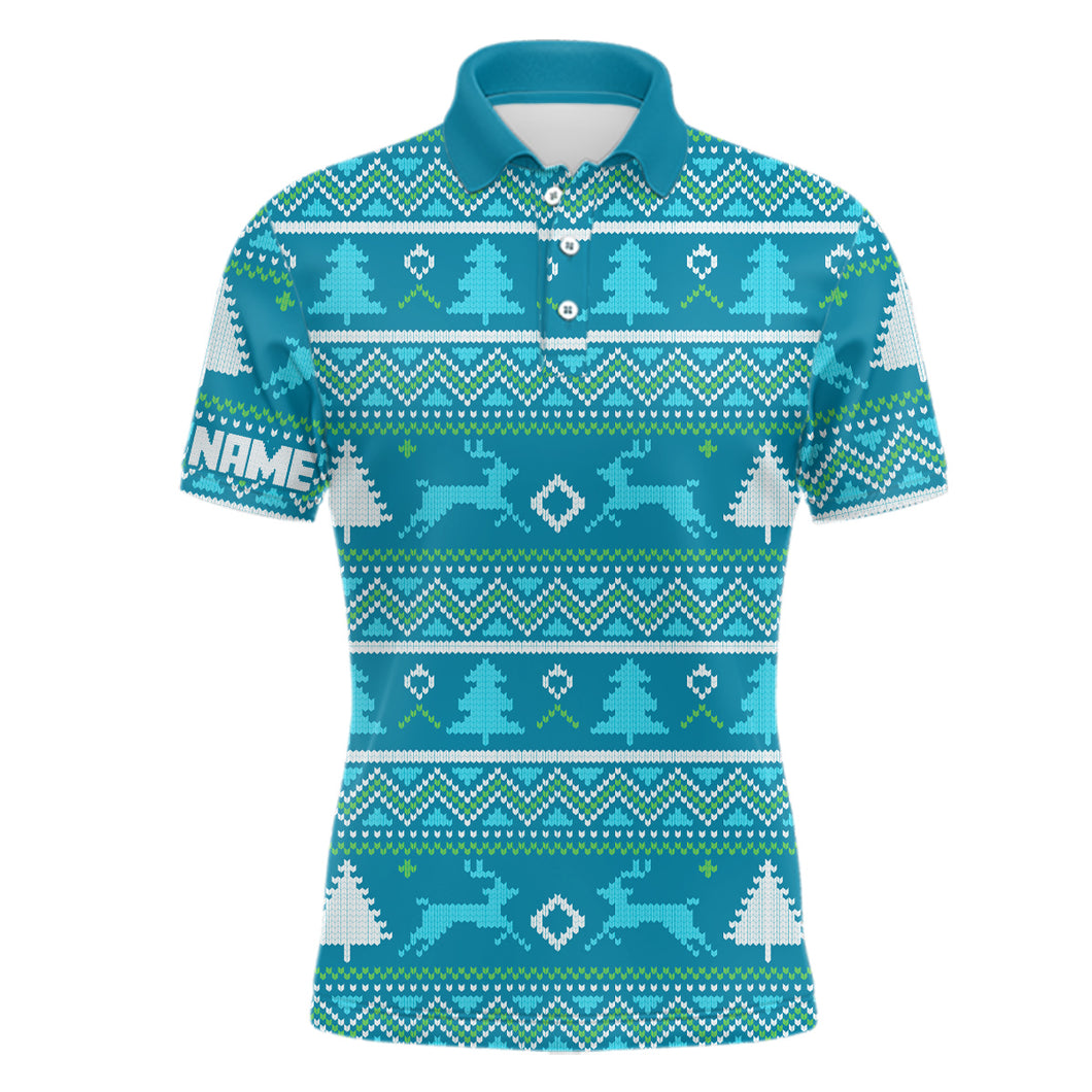 Blue Knitted Christmas Trees Mens Golf Polo Shirt Personalized Winter Xmas Golf Outfits For Men LDT0922