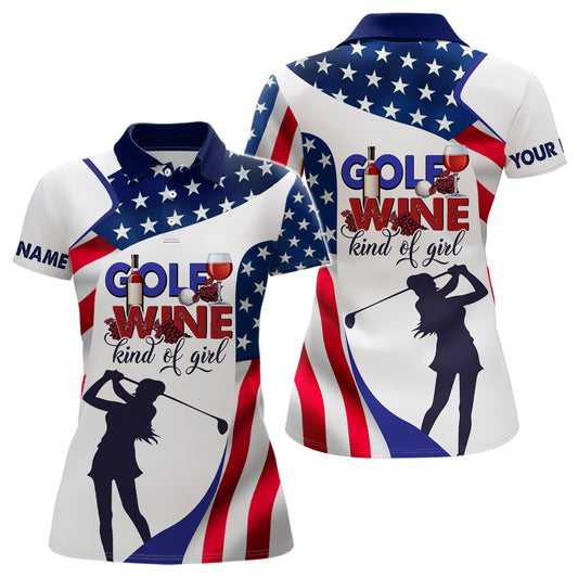 American Flag Womens Golf Polo Shirt Golf Wine Kind Of Girl Golf Shirts For Women Patriotic Golf Gift LDT0131
