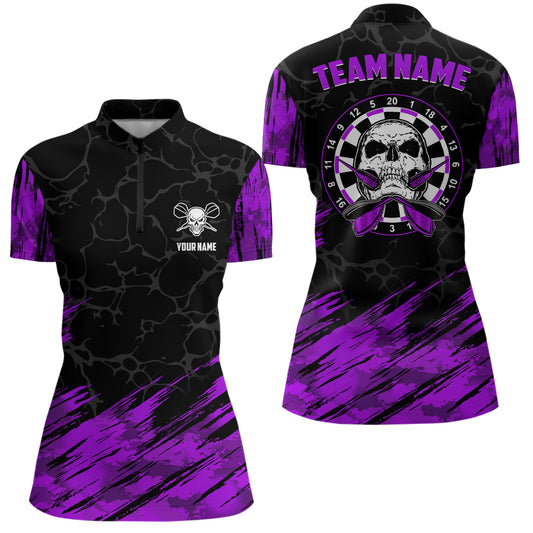 Personalized All Over Print Skull Darts Quarter Zip Shirt Purple Black Womens Dart Jerseys LDT1394