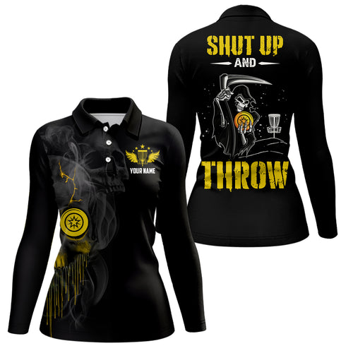 Custom Shut Up And Throw Smoky Skull Yellow Disc Golf Polo Shirts Scary Golf Gifts For Women LDT0451