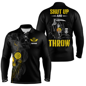 Custom Shut Up And Throw Smoky Skull Yellow Mens Disc Golf Polo Shirts Scary Golf Gifts For Men LDT0451