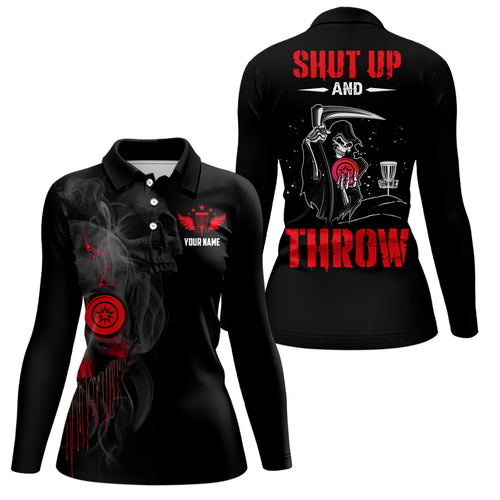 Custom Shut Up And Throw Smoky Skull Red Disc Golf Polo Shirts Scary Golf Gifts For Women LDT0452