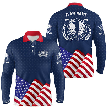 Customized Mens Golf Polo Shirts With Waving American Flag, Patriotic Us Golf Shirts For Men LDT0189