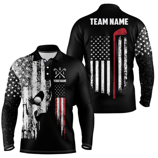 American Flag Skull Mens Golf Polo Shirts Custom Patriotic Scary Golf Shirts For Men Golf Gifts LDT1405