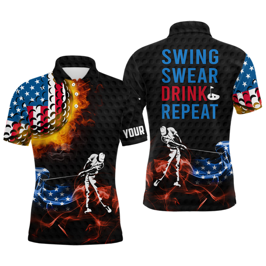 American Flag Swing Swear Drink Repeat Golf Polo Shirts, Flame Patriotic Golf Shirts For Men LDT0198