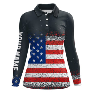 Grunge Vintage American Flag Womens Golf Polo Shirt Custom Patriotic Golf Shirts For Women LDT1420