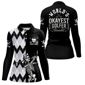 Skull Funny Golf Custom Name Polo Shirt Black & White Argyle Golf Shirts For Women, Golf Gift LDT0209