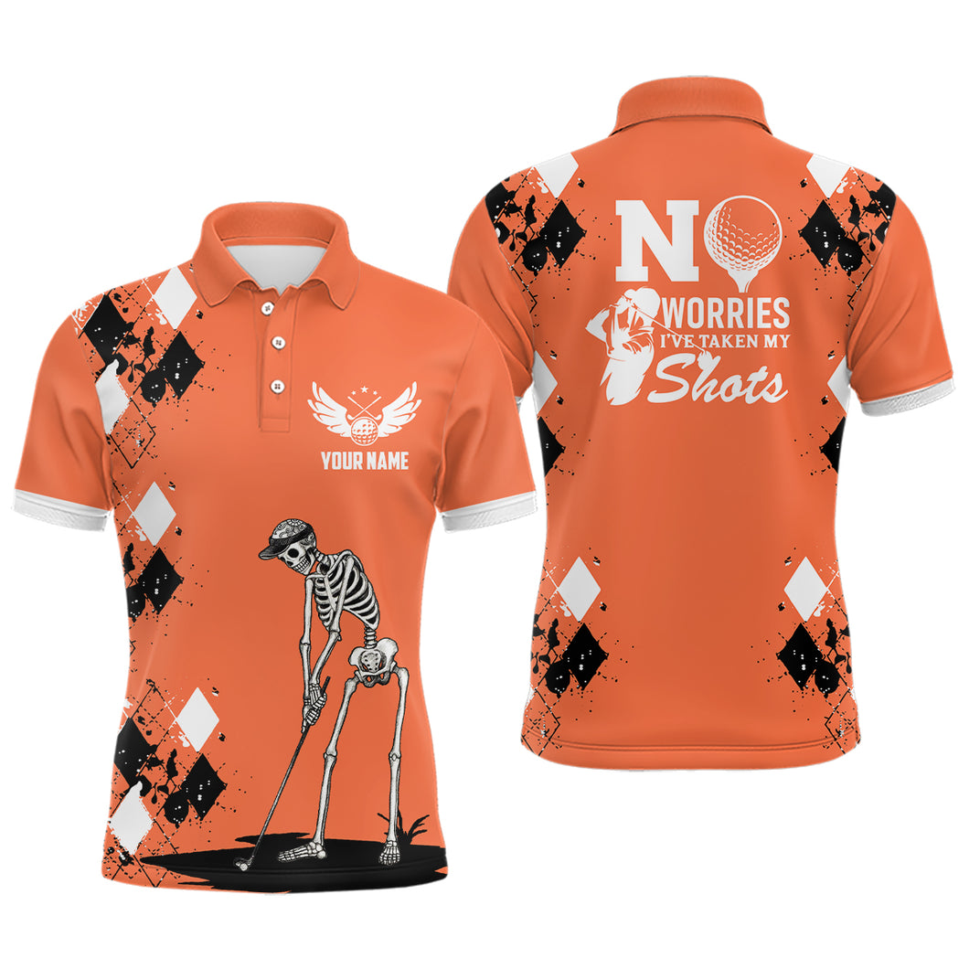 Mens Skull Golf Polo Shirt Argyle Pattern Orange Golf Shirts For Mens Halloween Golf Gifts LDT0479