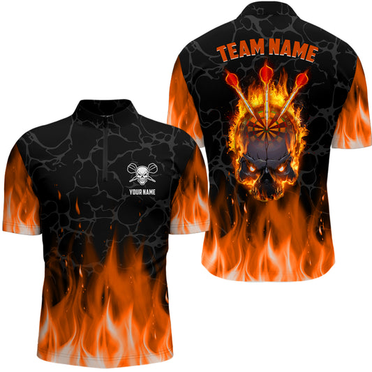 Orange Flame Skull Darts Quarter Zip Shirt Custom Scary Darts Shirt For Men Dart Jerseys LDT1421
