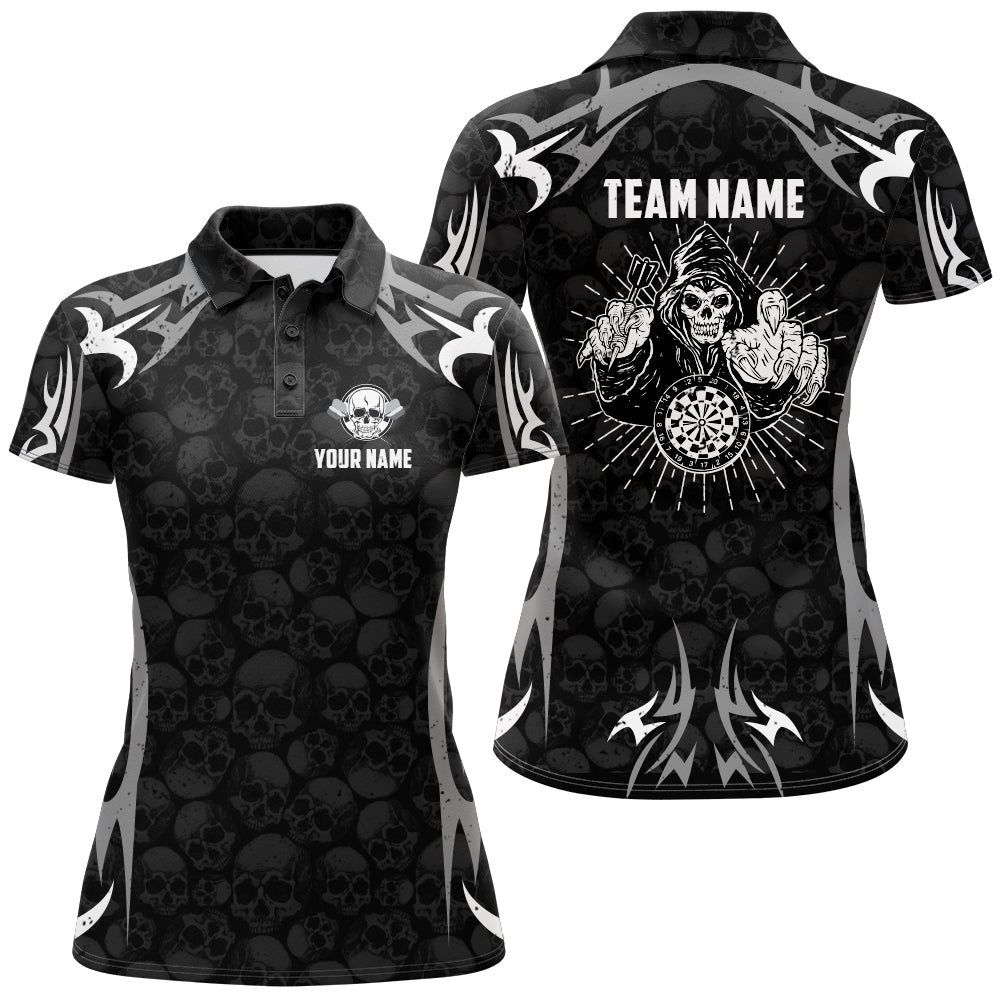 Personalized Black Grey Darts Skull Reaper Polo Shirt Custom Scary Darts Jersey For Women LDT0395
