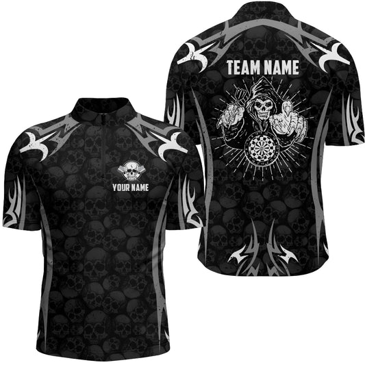 Personalized Black Grey Darts Skull Reaper Quarter-Zip Shirt Custom Mens Darts Jersey LDT0395