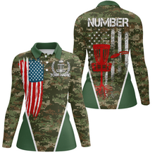 Load image into Gallery viewer, Green Camouflage Vintage Usa Flag Disc Golf Polo Shirt Patriotic Disc Golf Shirts For Women LDT0518