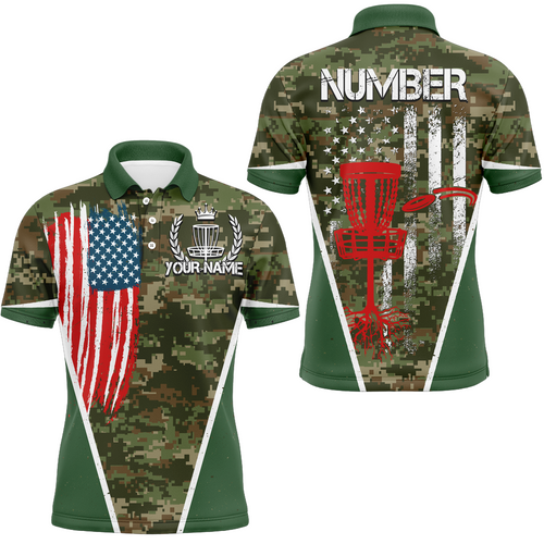 Green Camouflage Vintage Usa Flag Mens Disc Golf Polo Shirt Patriotic Disc Golf Shirts For Men LDT0518