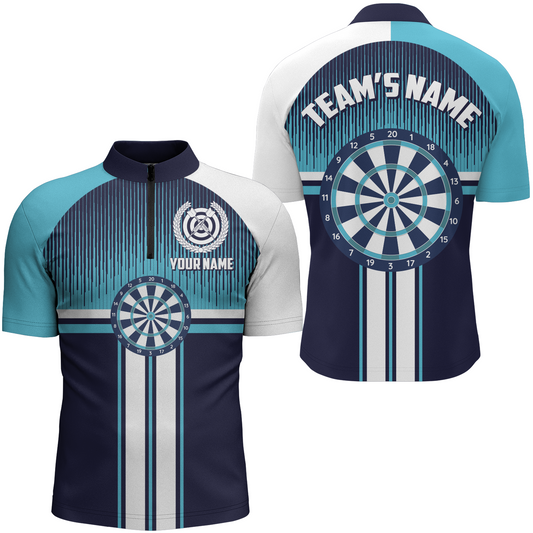 Customized Dart Board Sports Style White Blue Quarter-Zip Shirts Darts Jersey For Men LDT0416