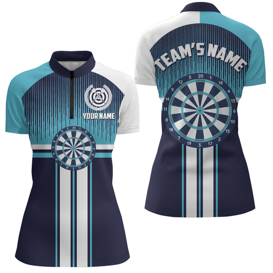 Customized Dart Board Sports Style White Blue Quarter-Zip Shirts Darts Jersey For Women LDT0416