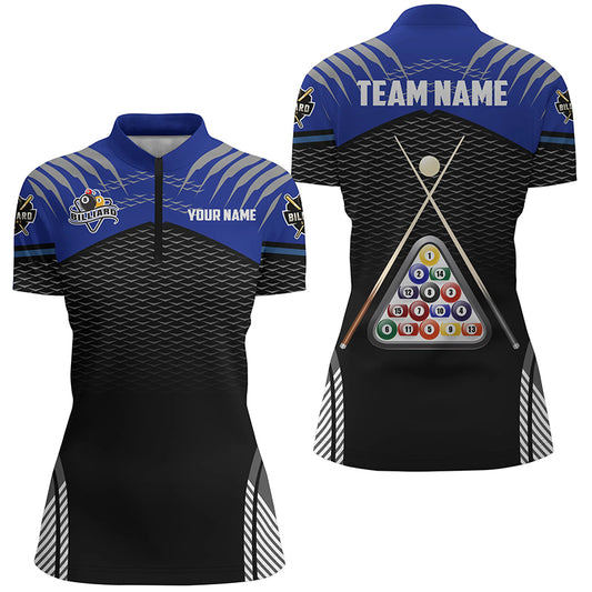 Personalized Sport Blue Black 8 Ball Billiard 3D Quarter-Zip Shirts For Women, Billiard Balls Jerseys VHM1026