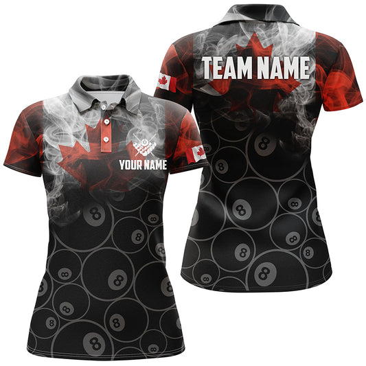 Personalized Vintage Smoke Canadian Flag Billiard Polo Shirts For Women, 8 Ball Pool Team Jerseys VHM0696