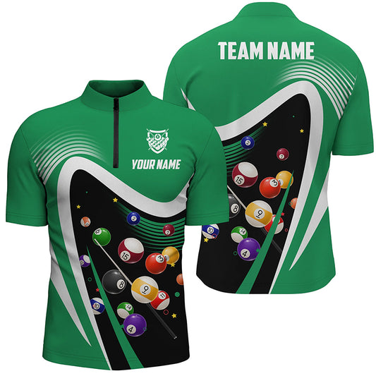 Personalized Green Sport Billiard Balls 3D Quarter-Zip Shirts For Men, 8 Ball Billiard Team Jerseys VHM1045