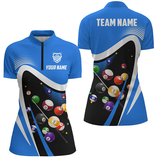 Personalized Blue Sport Billiard Balls 3D Quarter-Zip Shirts For Women, 8 Ball Billiard Team Jerseys VHM1048