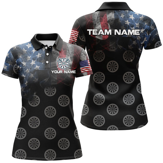 Personalized Smoke US Flag Dart Polo Shirts, Patriotic Darts Shirts For Women Dart Jerseys VHM1103