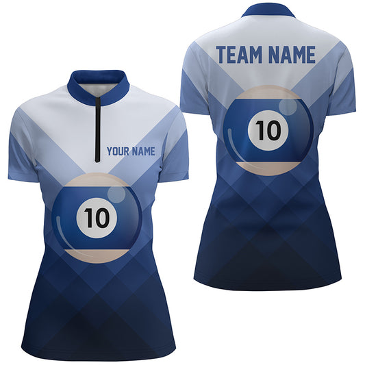 Personalized Blue 10 Ball Billiard 3D Quarter-Zip Shirts For Women, 10 Ball Pool Billiards Jerseys VHM0960