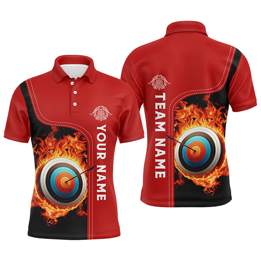 Personalized Black Red Flaming Target Archery 3D Polo Shirts For Men, Custom Archery Team Jerseys VHM0985