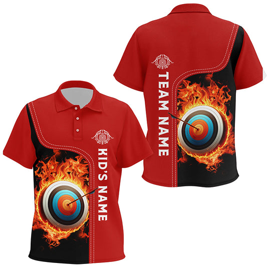 Personalized Black Red Flaming Target Archery 3D Polo Shirts For Kids, Custom Archery Team Jerseys VHM0985